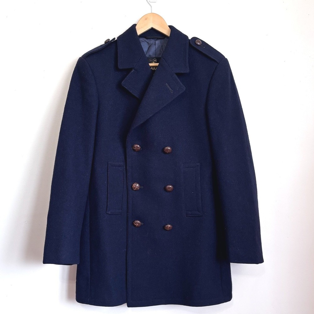 Lakeland Mens Vintage Wool Pea Coat 38 Navy Blue Double Breasted Classic Preppy